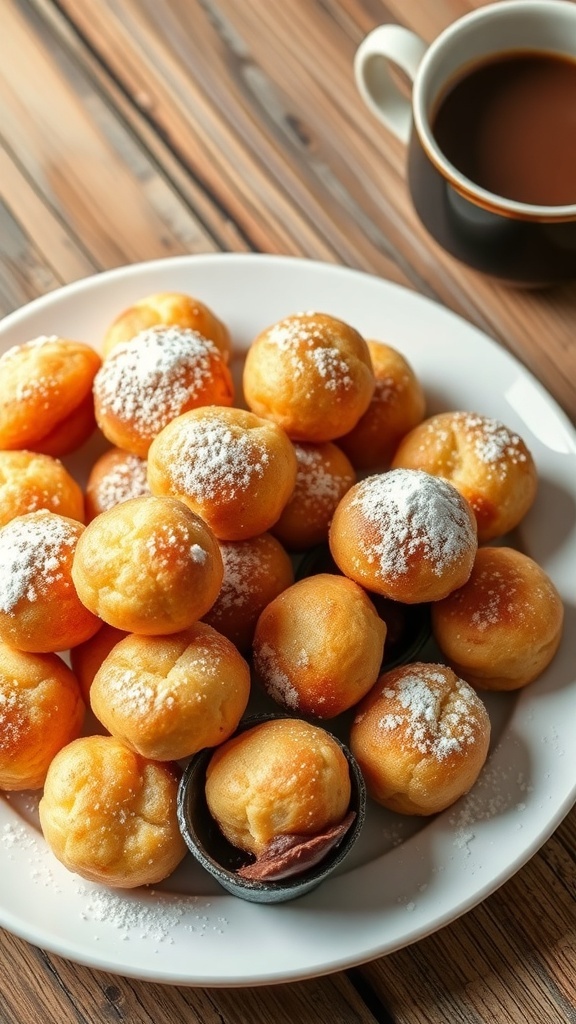 Homemade Donut Holes Recipe A plate of fluffy donut holes dusted with powdered sugar, with a bowl of chocolate sauce and coffee.